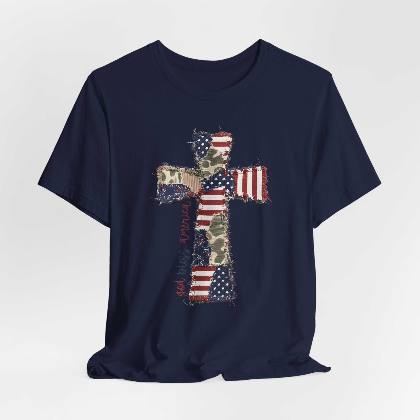 God Bless America shirt with patriotic cross and distressed American flag design on a vintage-style tee