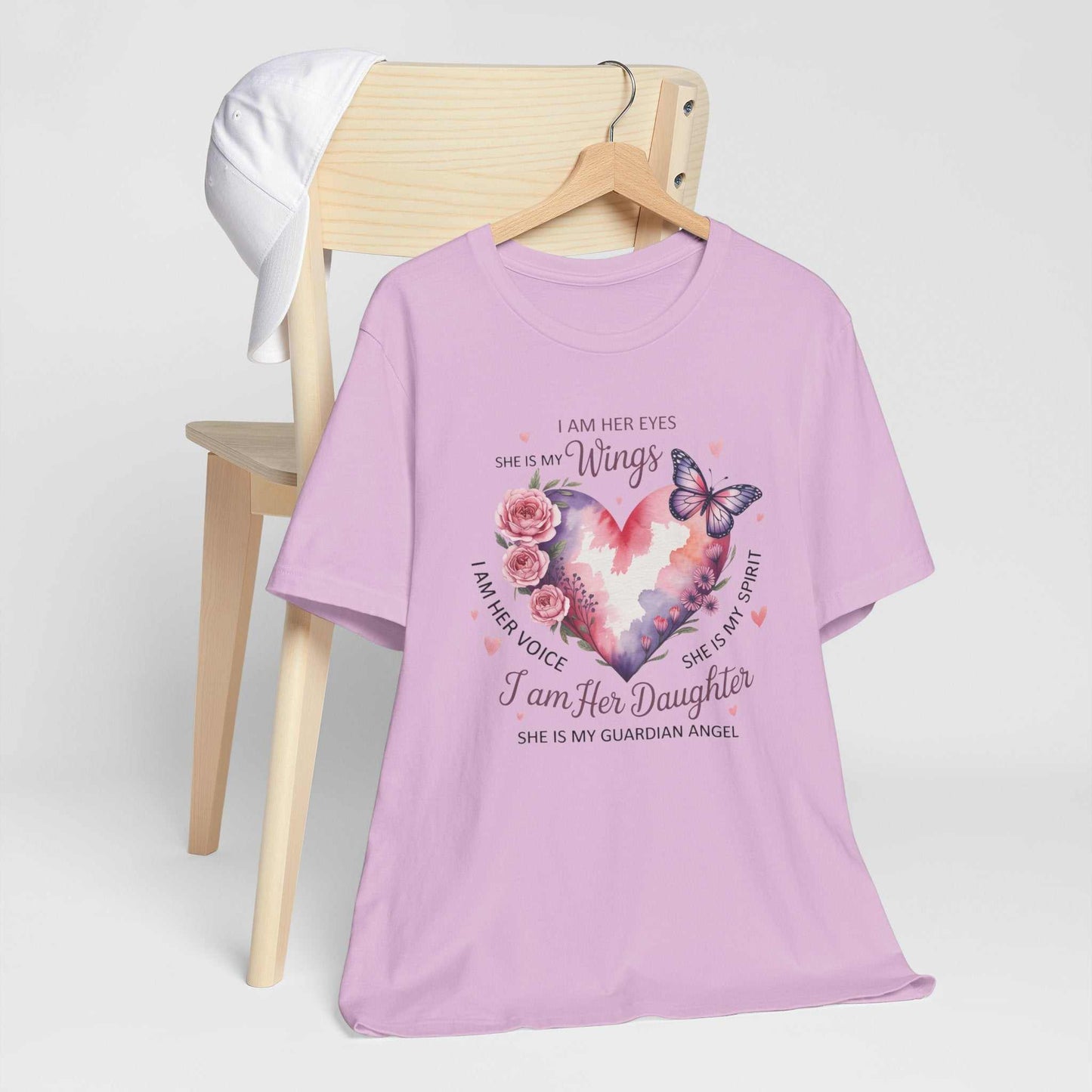 I Am Her Daughter memorial shirt with guardian angel butterfly and floral watercolor design on soft Bella + Canvas tee