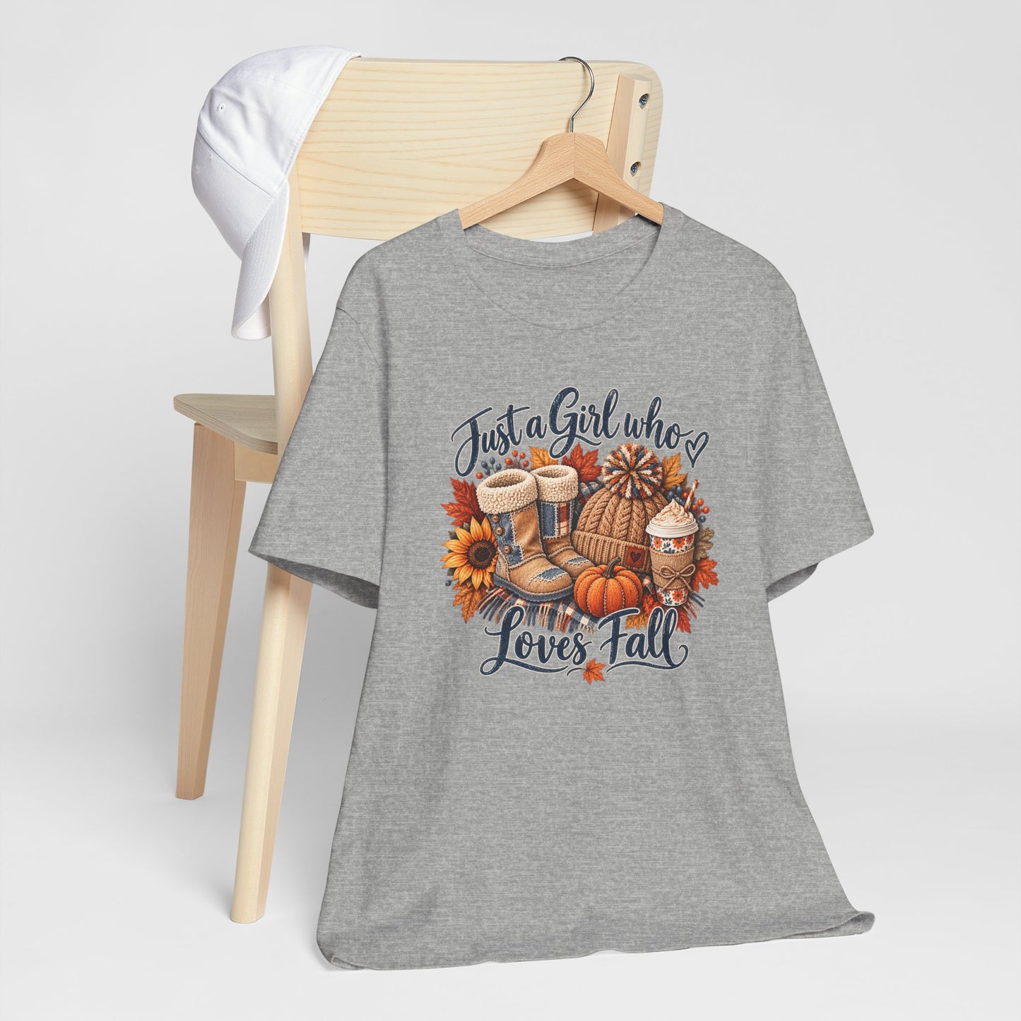 Just a Girl Who Loves Fall T-Shirt — Autumn Pumpkin & Cozy Coffee Tee