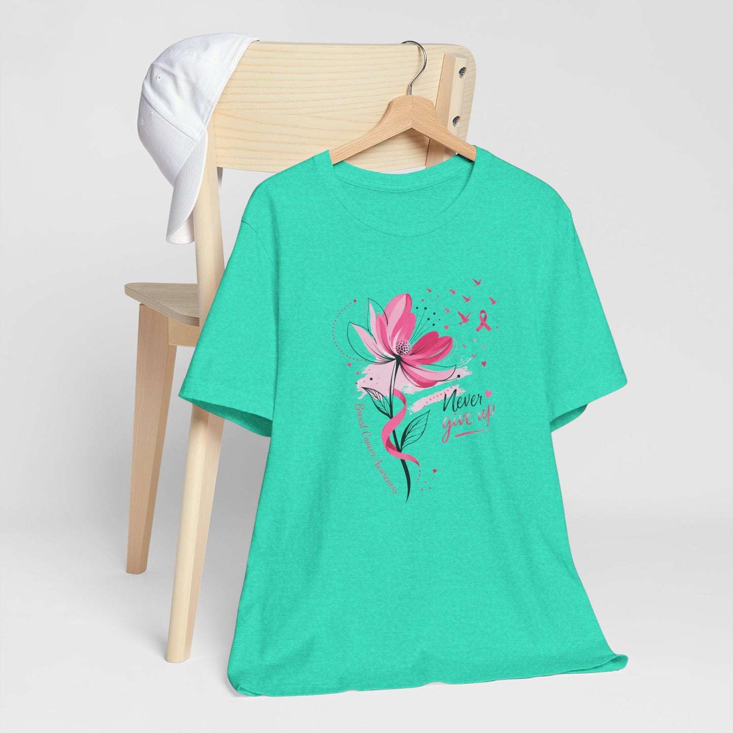 Never Give Up Floral Breast Cancer Awareness Tee