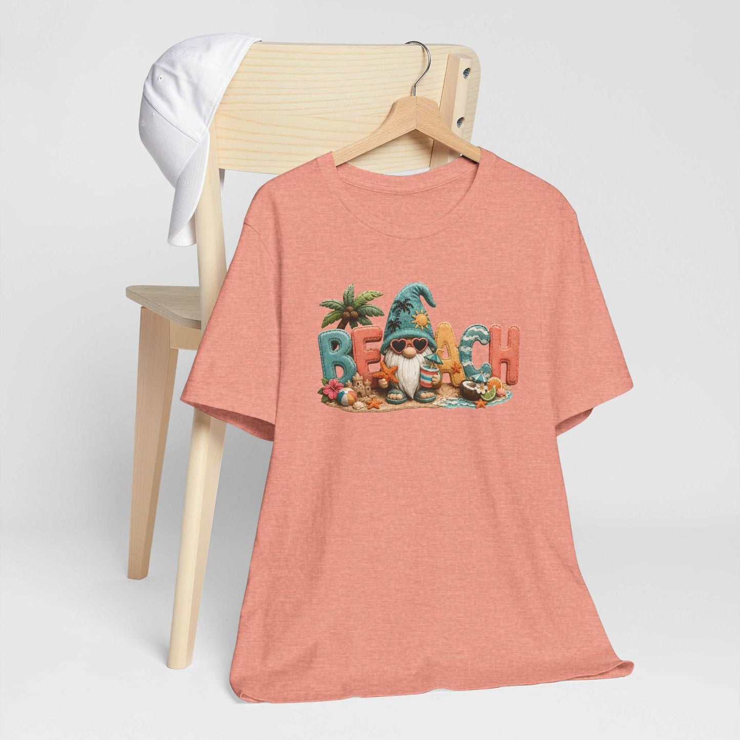 Beach Gnome Patchwork Tee featuring 3D applique coastal gnome design on a vibrant summer shirt