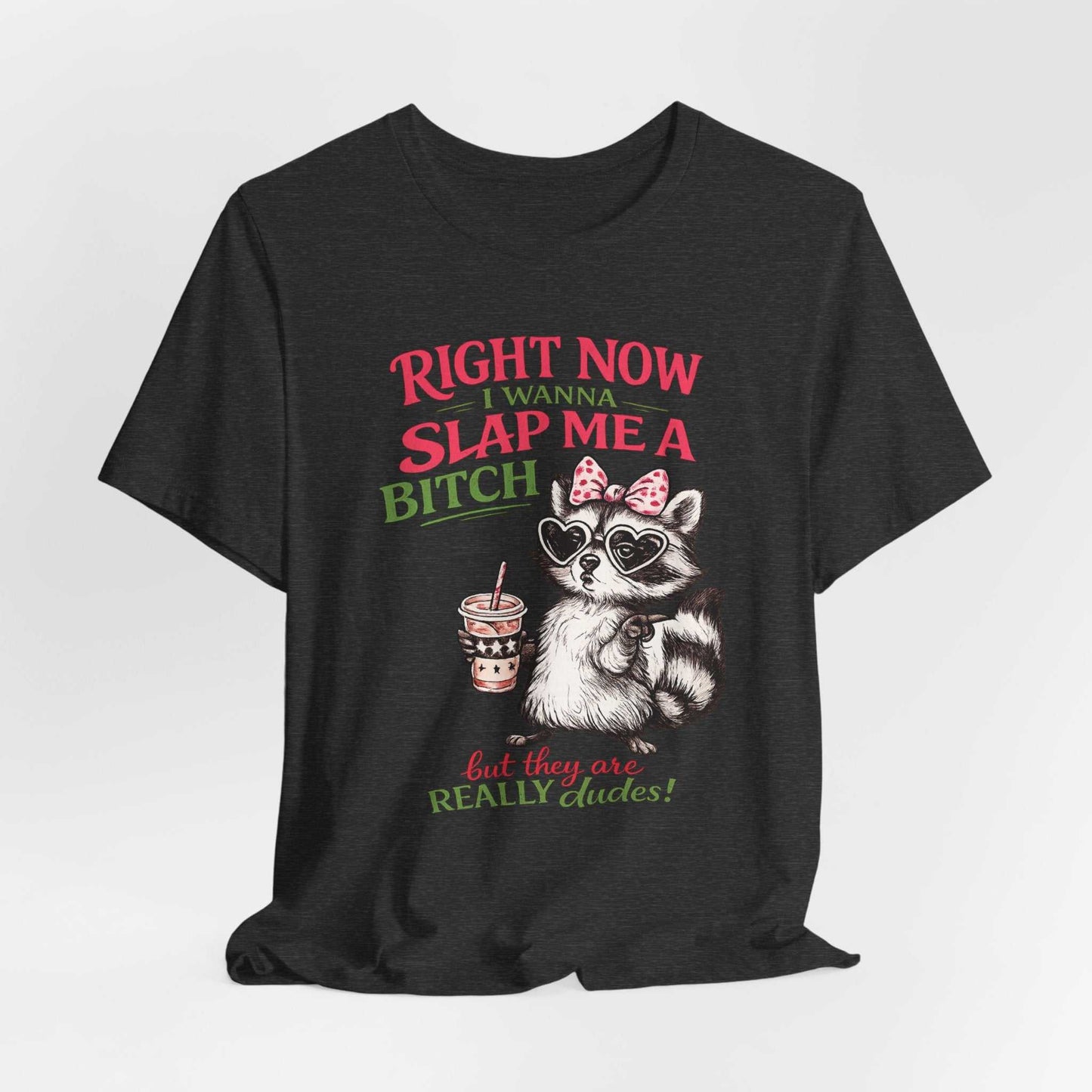 Raccoon graphic tee with “Right Now I Wanna Slap Me a BITCH” sarcastic slogan in pink and sage distressed lettering