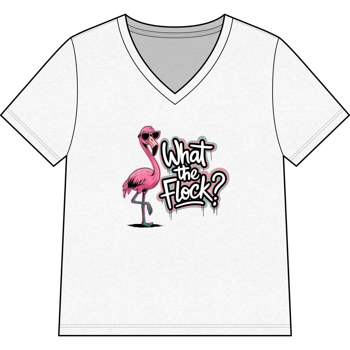 Women's V-neck tee with colorful flamingo graphic and "What the Flock?" text, perfect for beach and tropical style