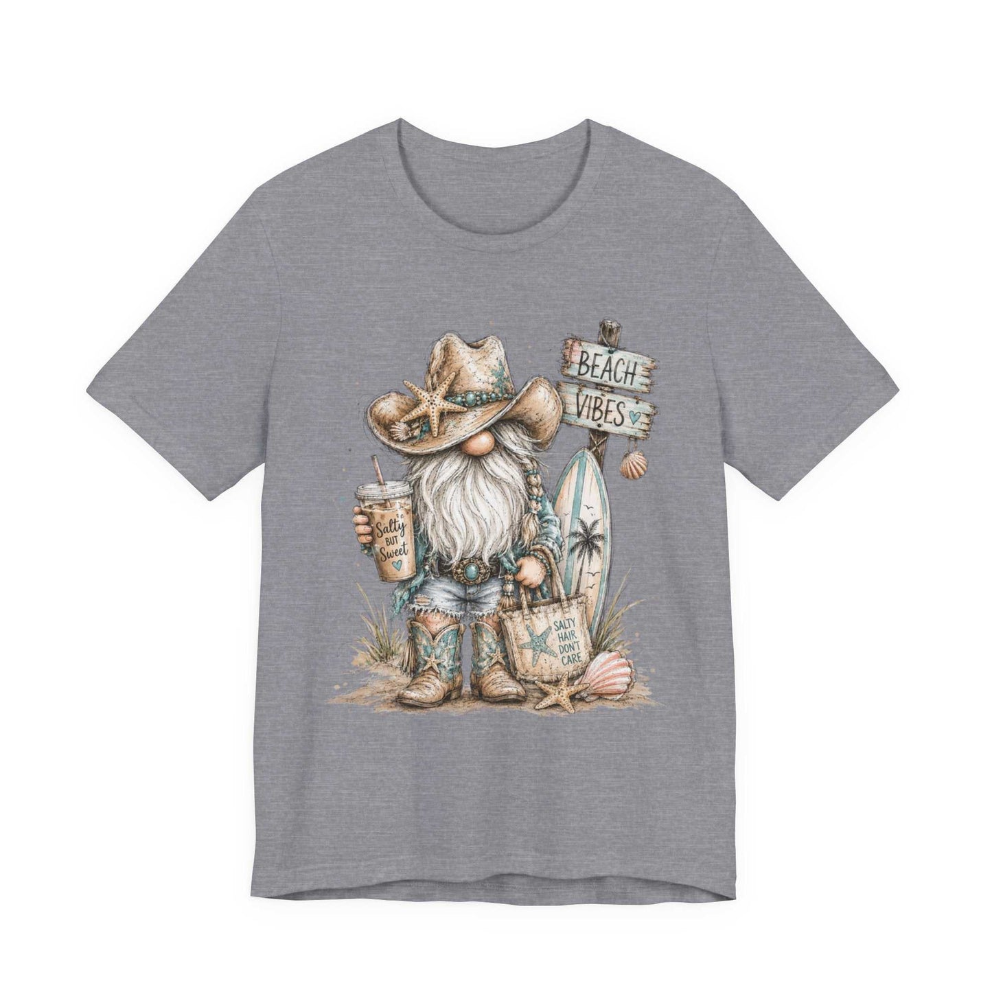 Coastal Cowgirl Beach Gnome t-shirt with turquoise accents, cowboy boots, seashells, and watercolor beach design