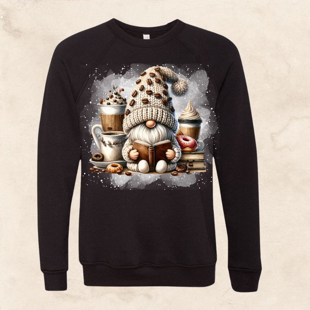 Coffee Gnome sweatshirt with whimsical design for adults.