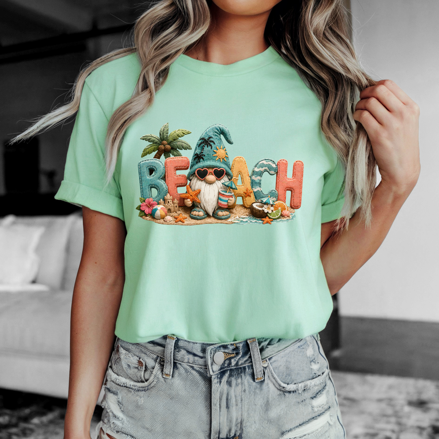 Beach Gnome Patchwork Tee with 3D applique and bright coastal summer design