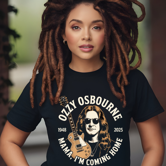 Woman wearing black "Mama, I'm Coming Home" Ozzy Osbourne shirt with guitar graphic and text design