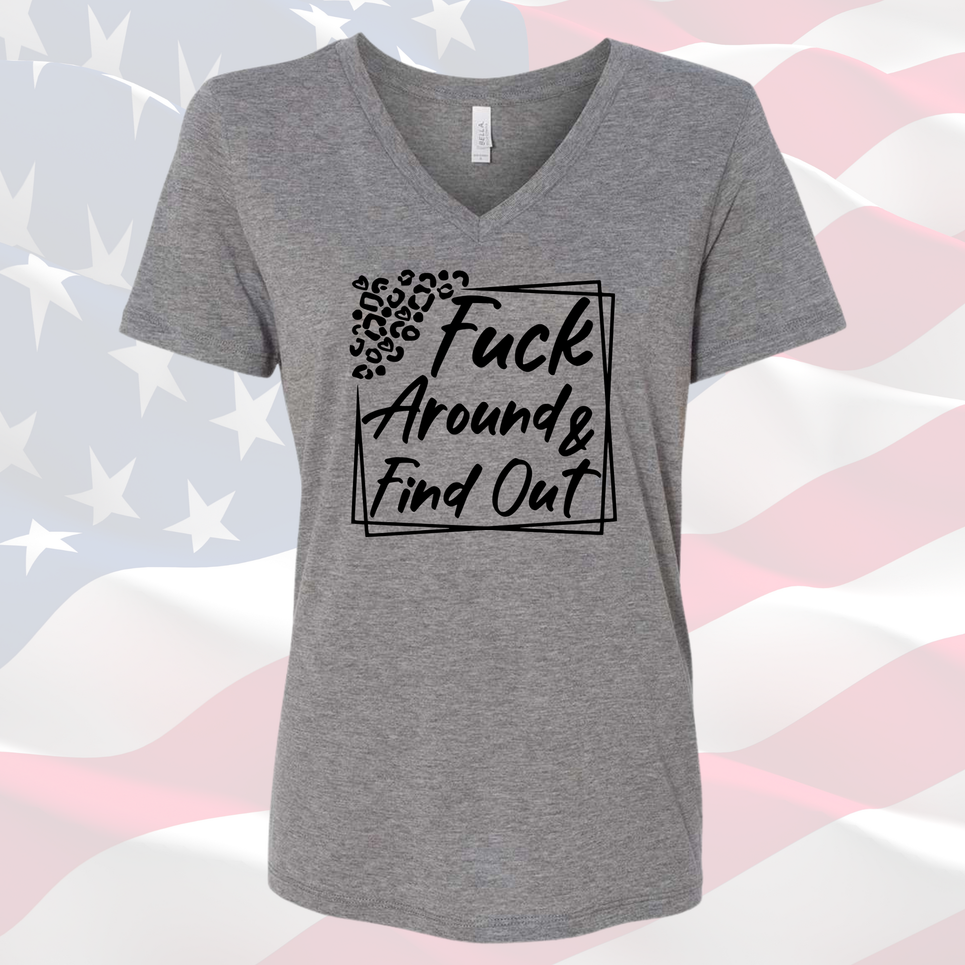 FAFO Women's Vneck Tee with patriotic theme and bold text design on American flag background.