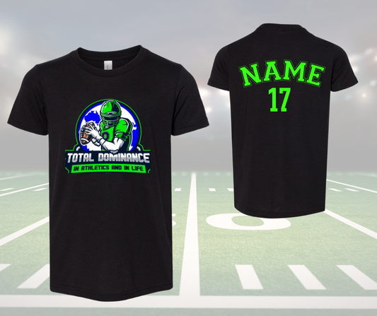 Youth black football shirt with Total Dominance graphic on front and customizable name and number on back