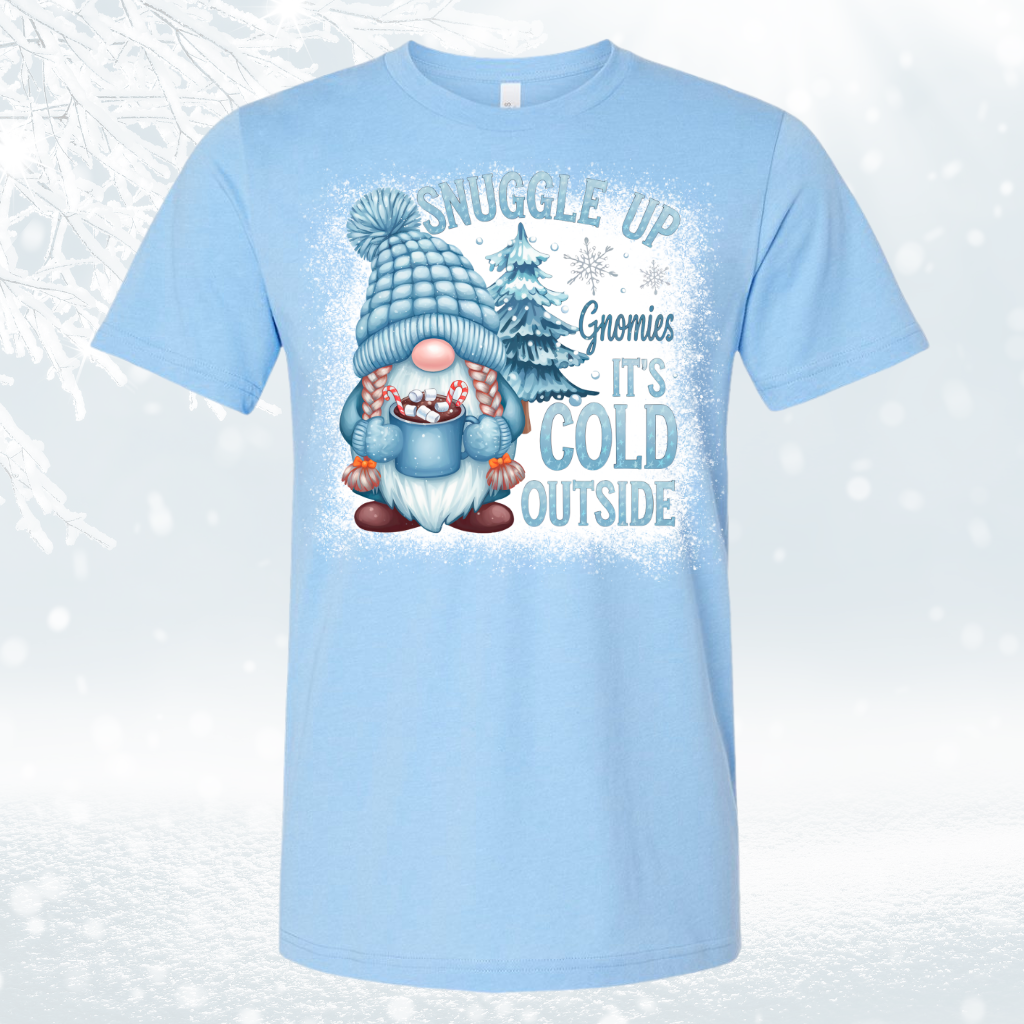 Winter blue T-shirt with cute gnome design, featuring "It's Cold Outside" text.