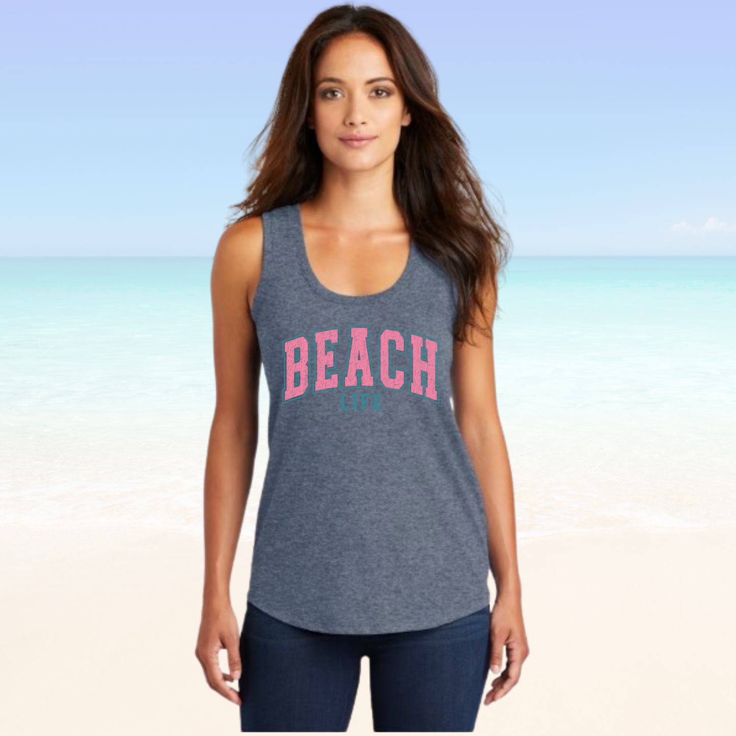Beach Life Woman's Tank Top with racerback design on a beach background.
