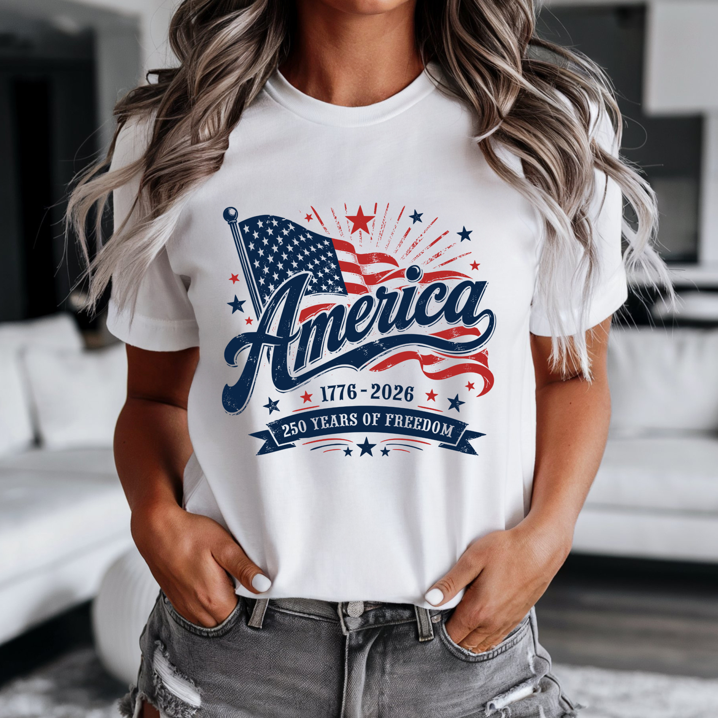 America 250 Years of Freedom patriotic tee with vintage American flag and 1776-2026 dates in red, white, and blue