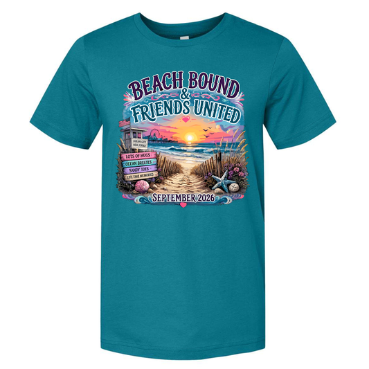 Beach Bound 2026 tropical beach scene with clear blue sky and ocean waves