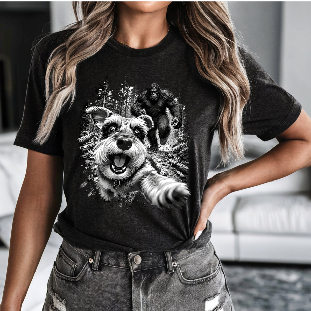Bigfoot Made Me Run – Funny Dog & Sasquatch Graphic Tee