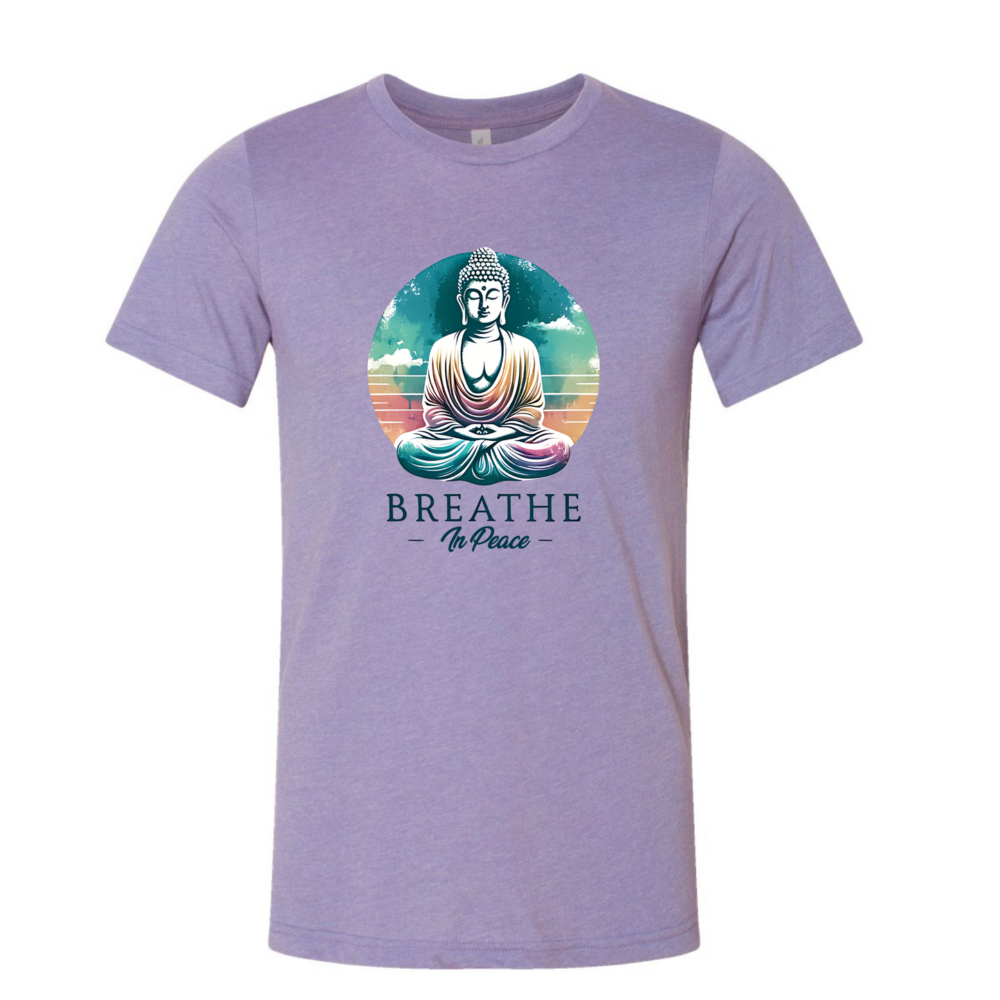 Purple t-shirt with a Buddha graphic and 'Breathe In Peace' text on a white background