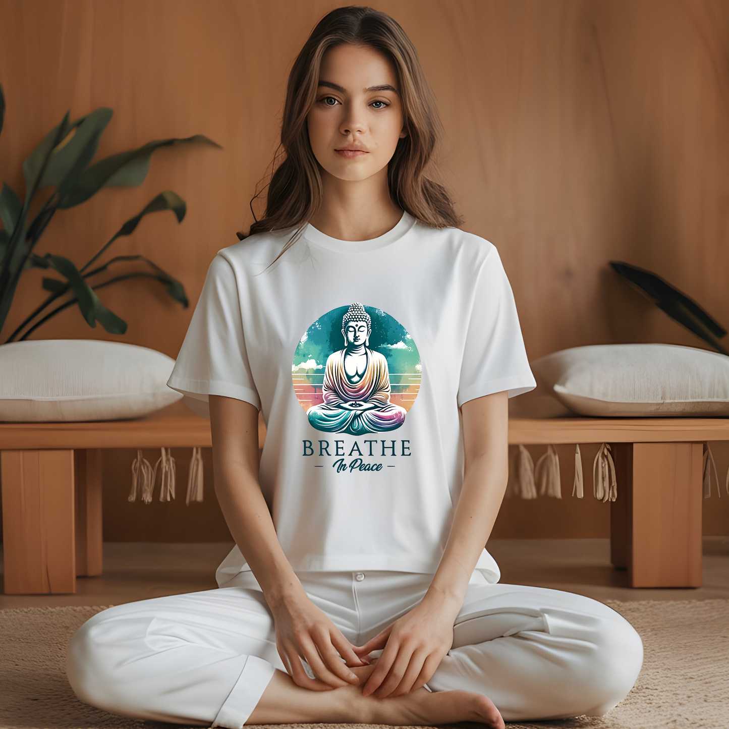Person wearing a white t-shirt with a Buddha graphic and 'Breathe in Peace' text in a meditative setting.