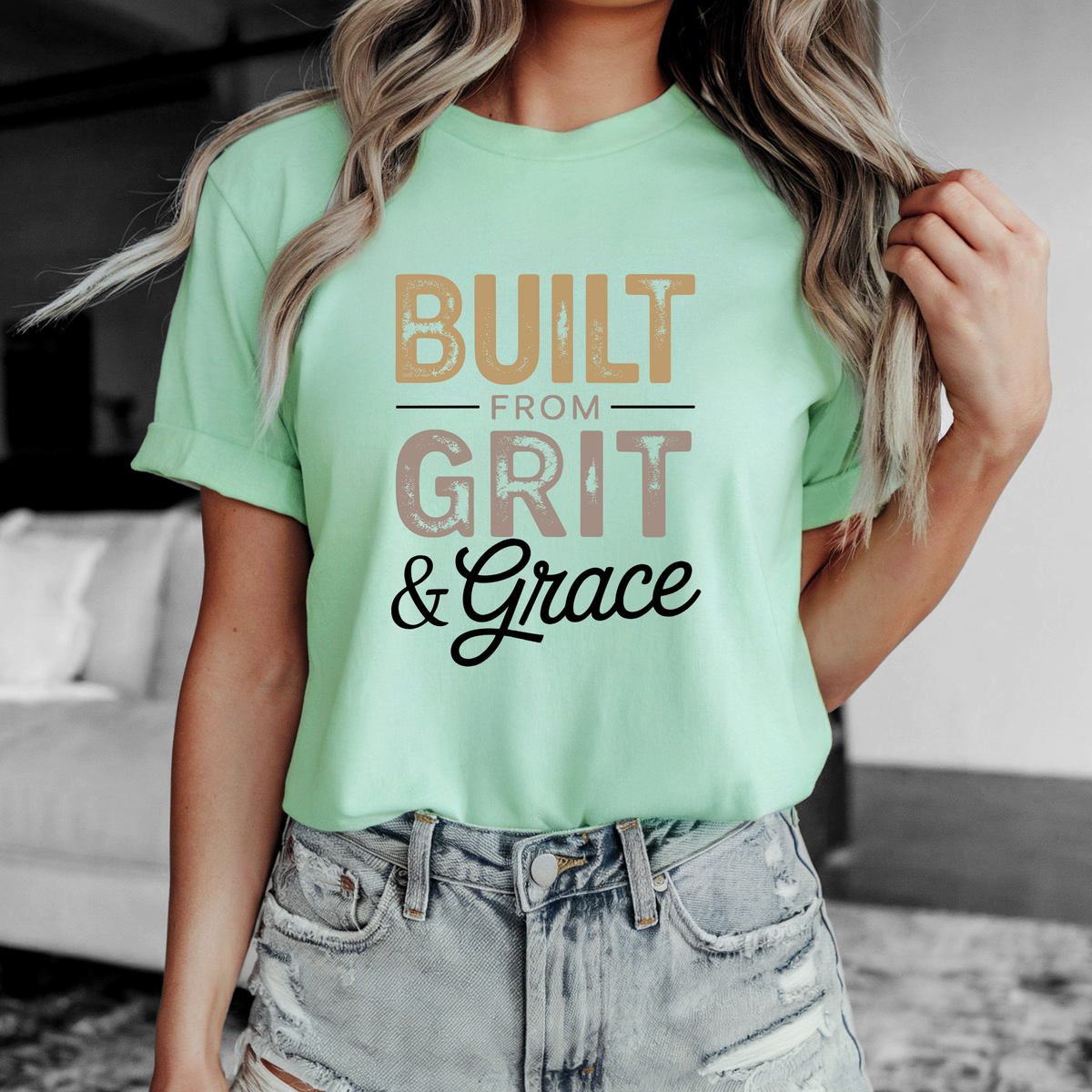 Built Grit & Grace Tee with inspirational motivational text for women