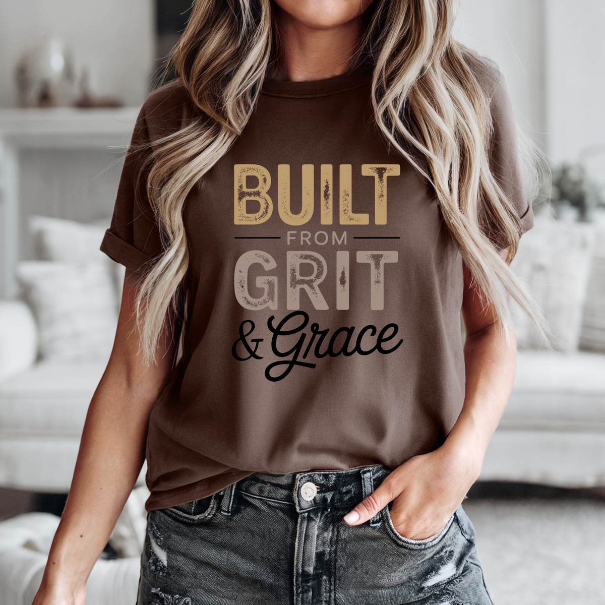 Built Grit & Grace Tee with inspirational motivational graphic for women