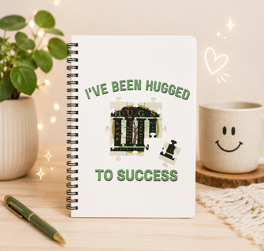 I've Been Hugged to Success spiral notebook with puzzle-piece design and motivational message