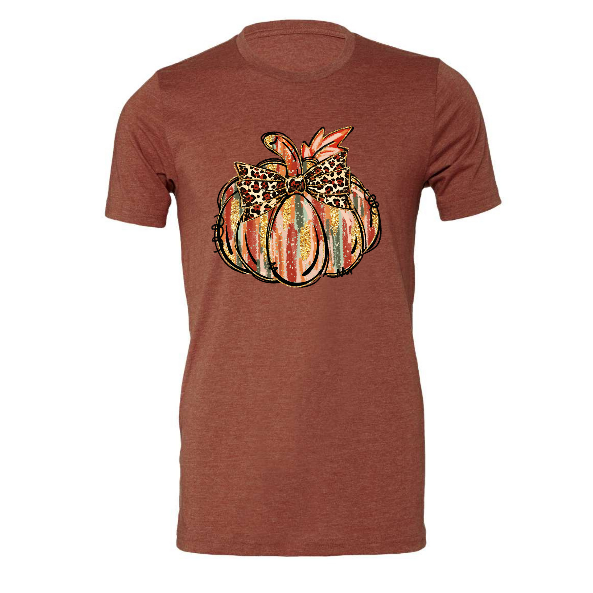 Clay colored t-shirt with pumkin and a leopard bow