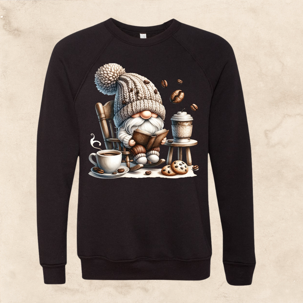 Coffee gnome sweatshirt with gnome in rocking chair design for adults.