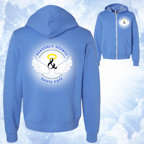 Heavenly Scents unisex Heather Columbia Blue zip-up hoodie with angelic logo design.