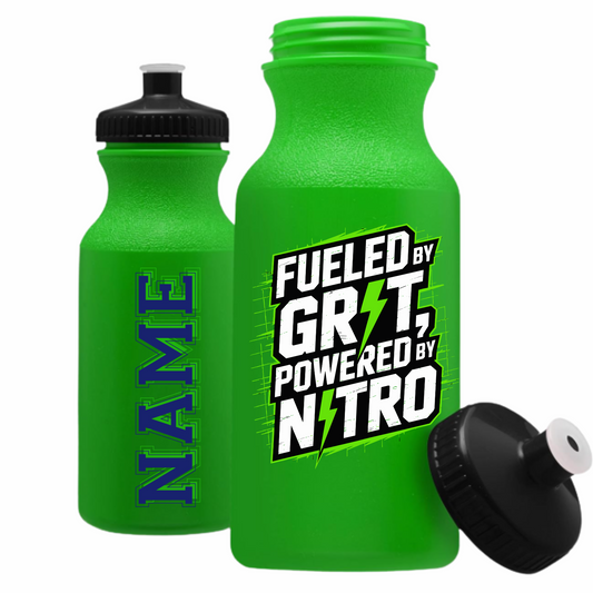 Neon green 20 oz Nitro Water Bottle with customizable name and push-pull lid, BPA-free and shatter-resistant plastic.