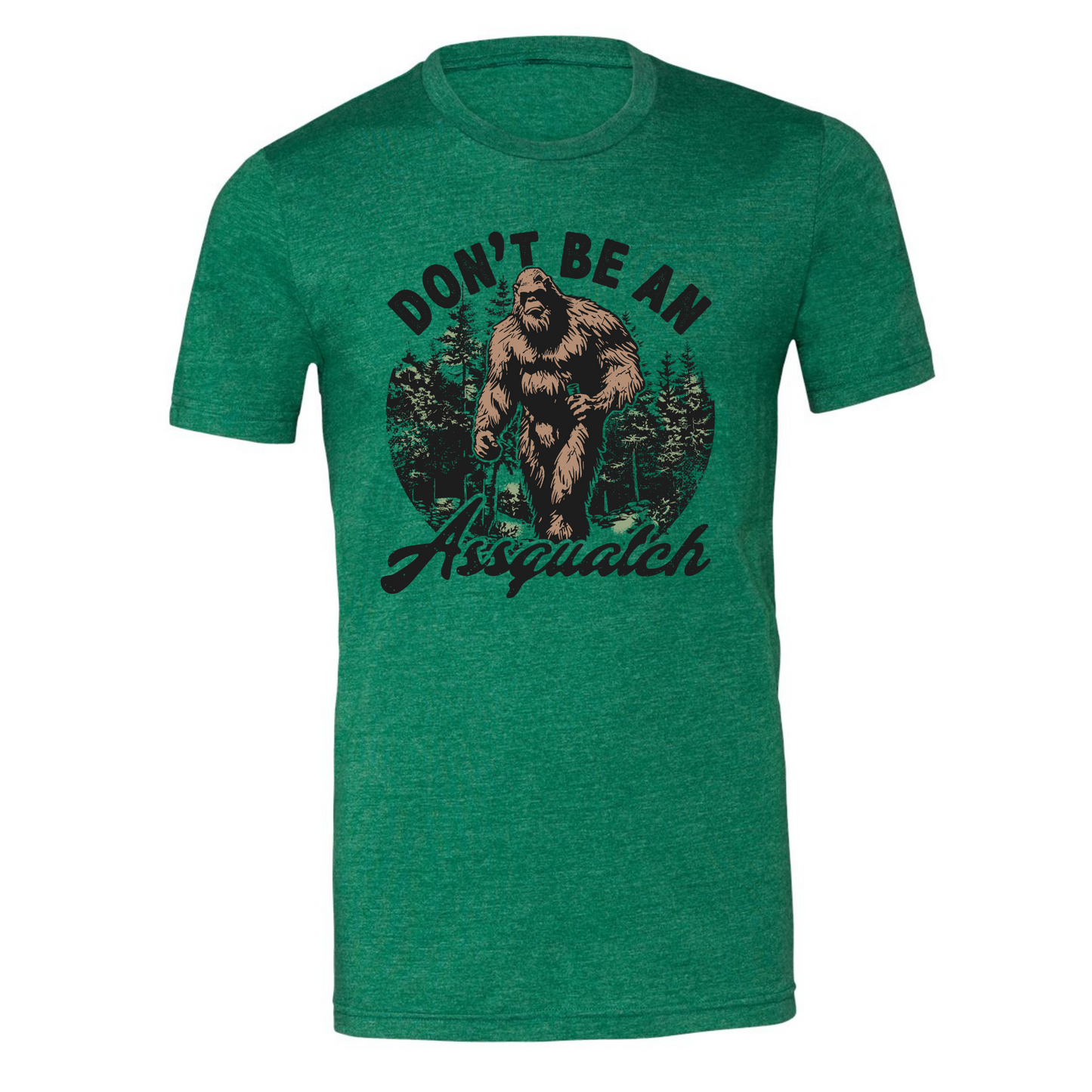 Green t-shirt with a graphic of a Big Foot and text on a white background
