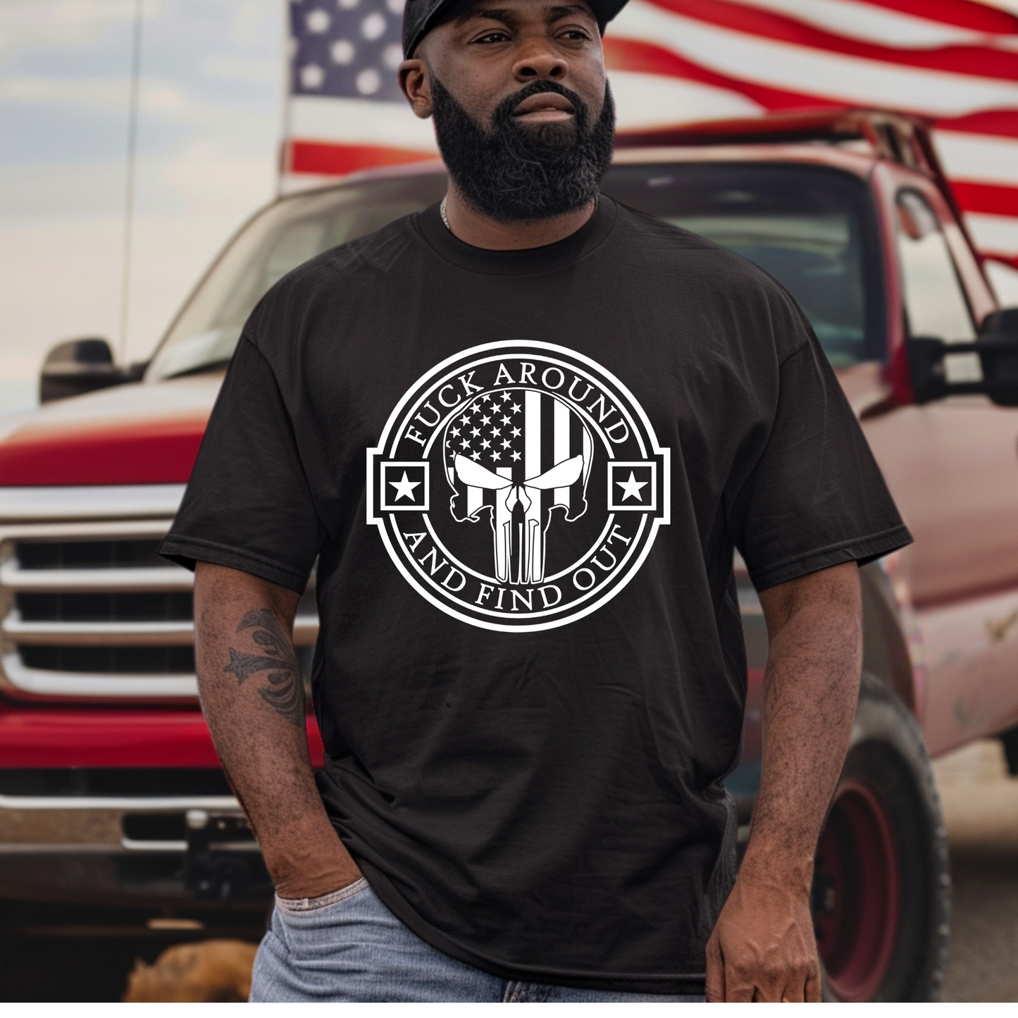 FAFO Punisher Tee featuring bold patriotic design and text with American flags in the background.