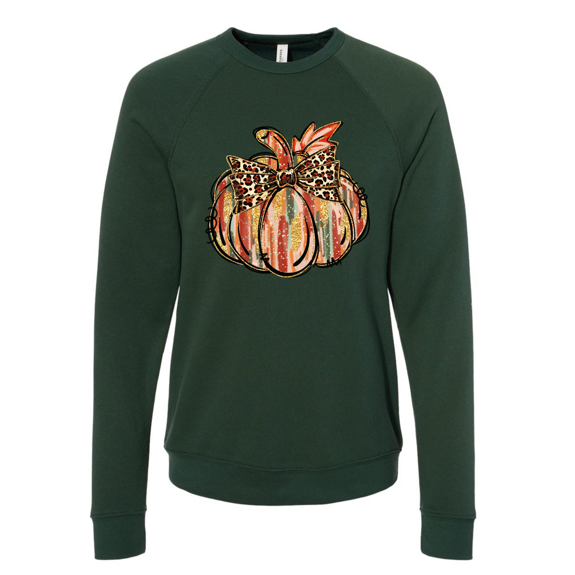 Fall pumpkin leopard bow forest green sweatshirt