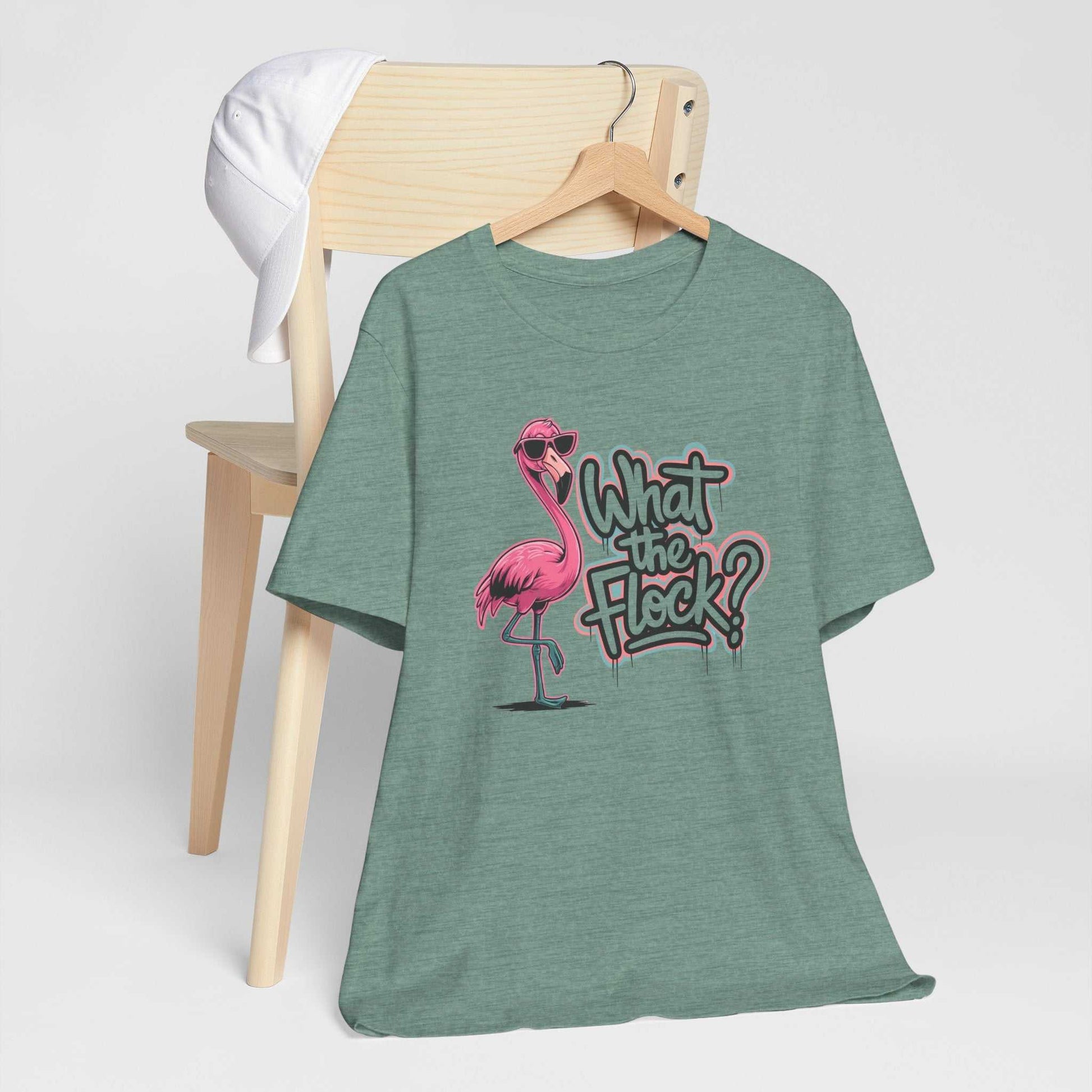 Funny flamingo shirt in dusty blue with flamingo graphic