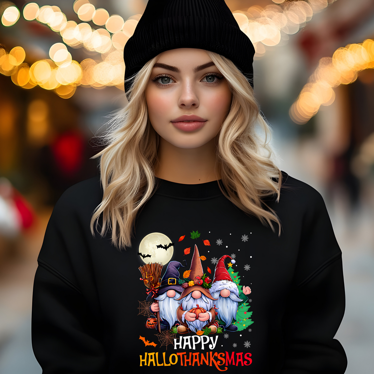 A black sweatshirt with 'Happy Hallothanksmas' design