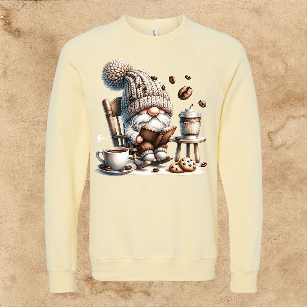 gnome shirt Coffee Gnome in Rocking Chair Sweatshirt for adults with cozy design.