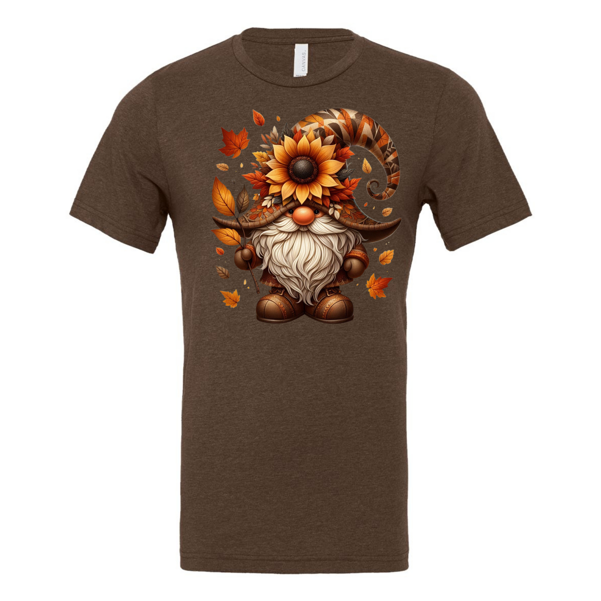 Brown t-shirt with gnome and sunflower for fall
