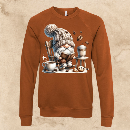 gnome sweatshirt Coffee Gnome in a Rocking Chair Sweatshirt for Adults, cozy vibes, unisex, whimsical design.