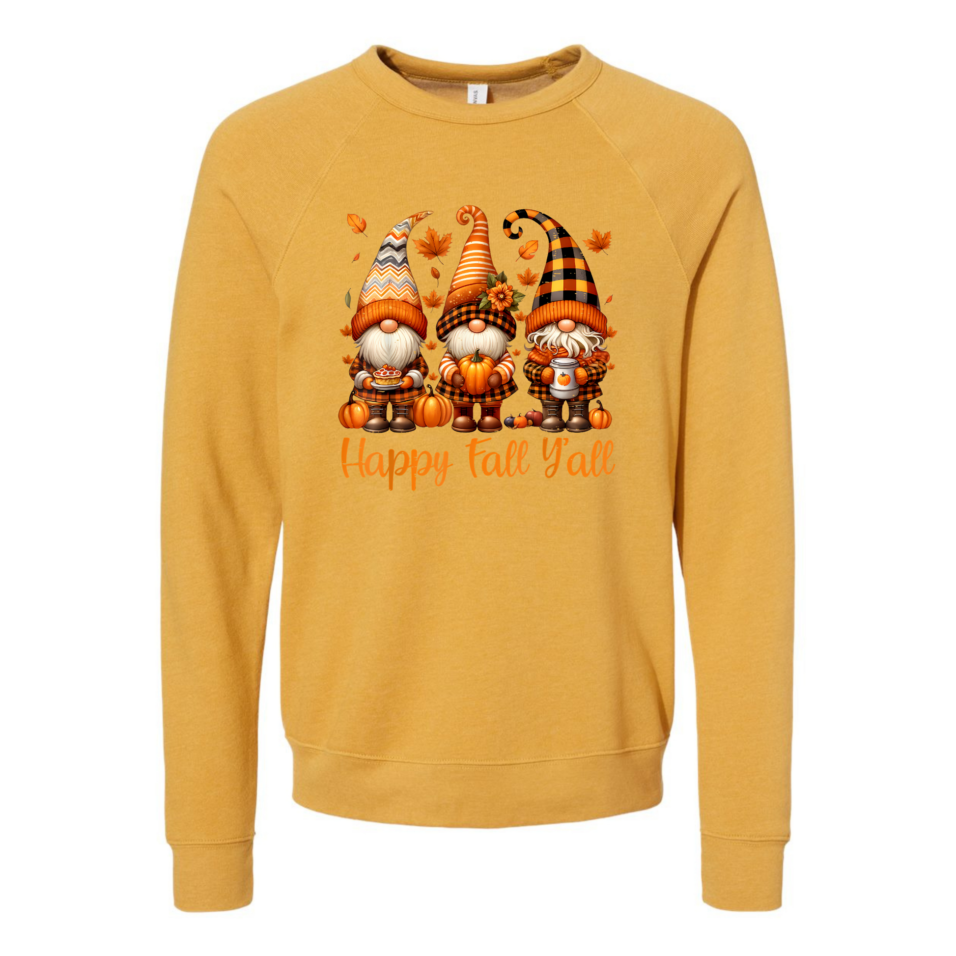 Mustard yellow sweatshirt with autumn-themed gnomes and 'Happy Fall Y'all' text on a white background