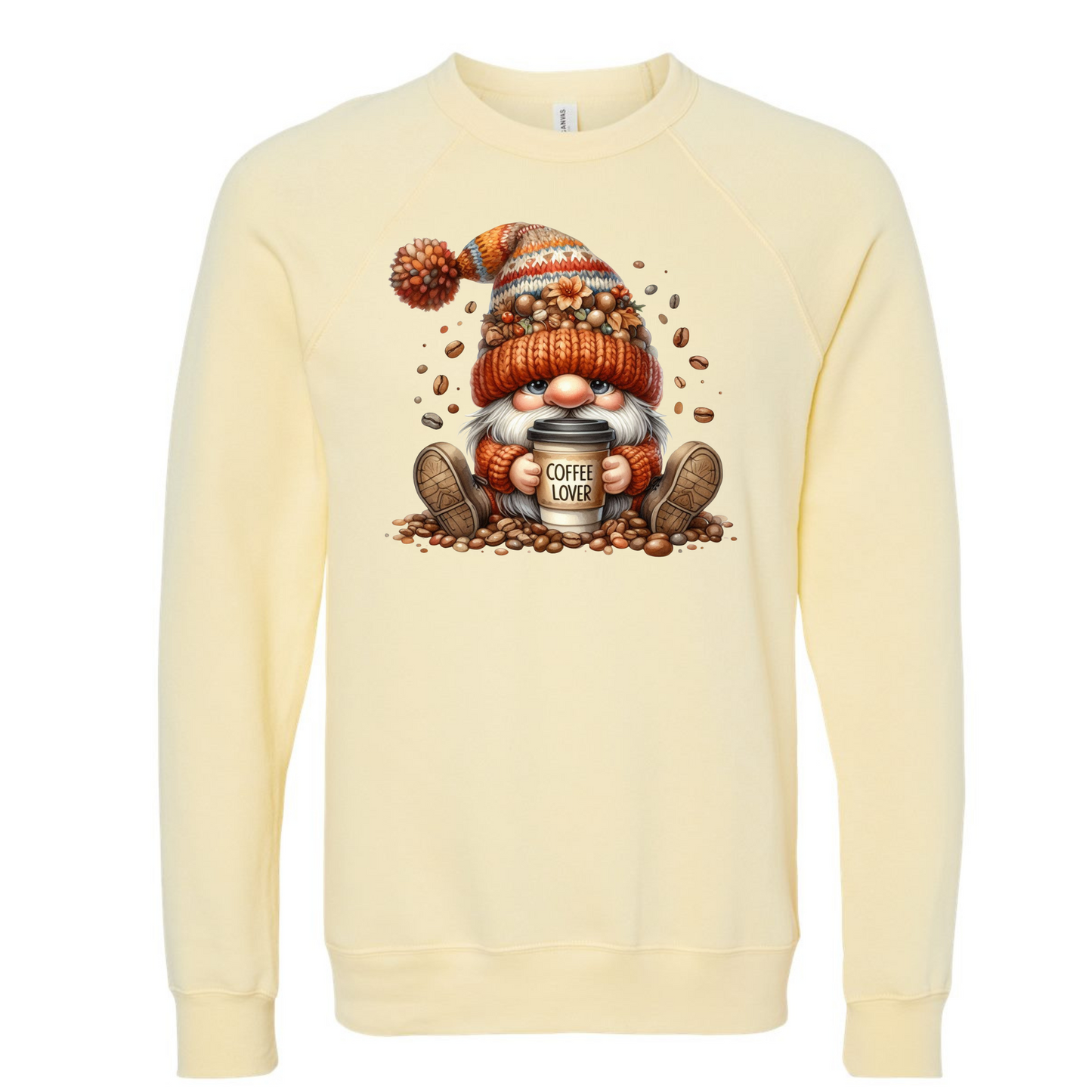 Graphic sweatshirt featuring coffee cups and fall leaves