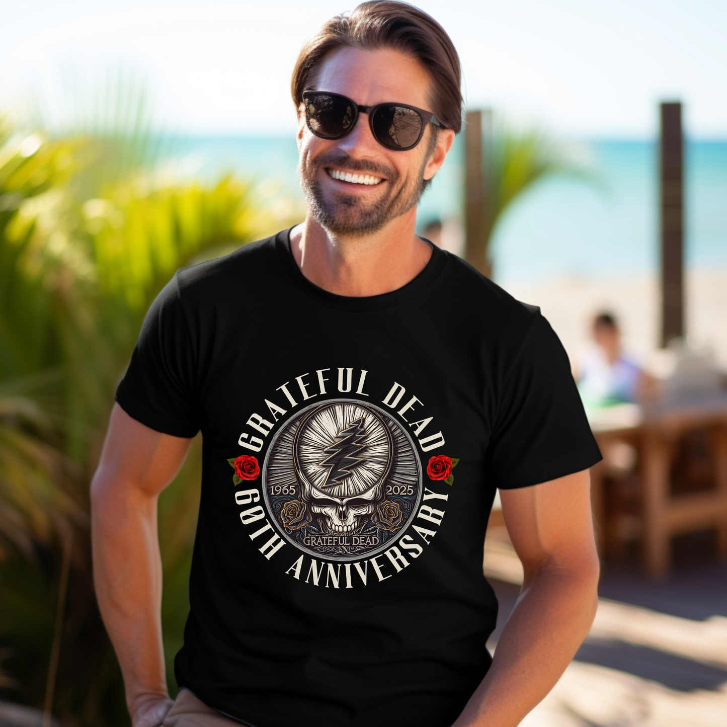 Grateful Dead Anniversary Tee worn by smiling man outdoors.