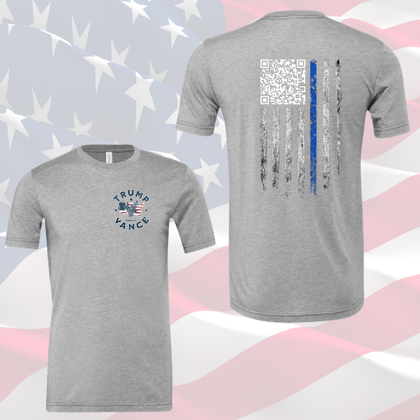 Gray Trump Dancing Shirt with American flag, QR code on back, and Trump Vance text on front, patriotic political humor tee