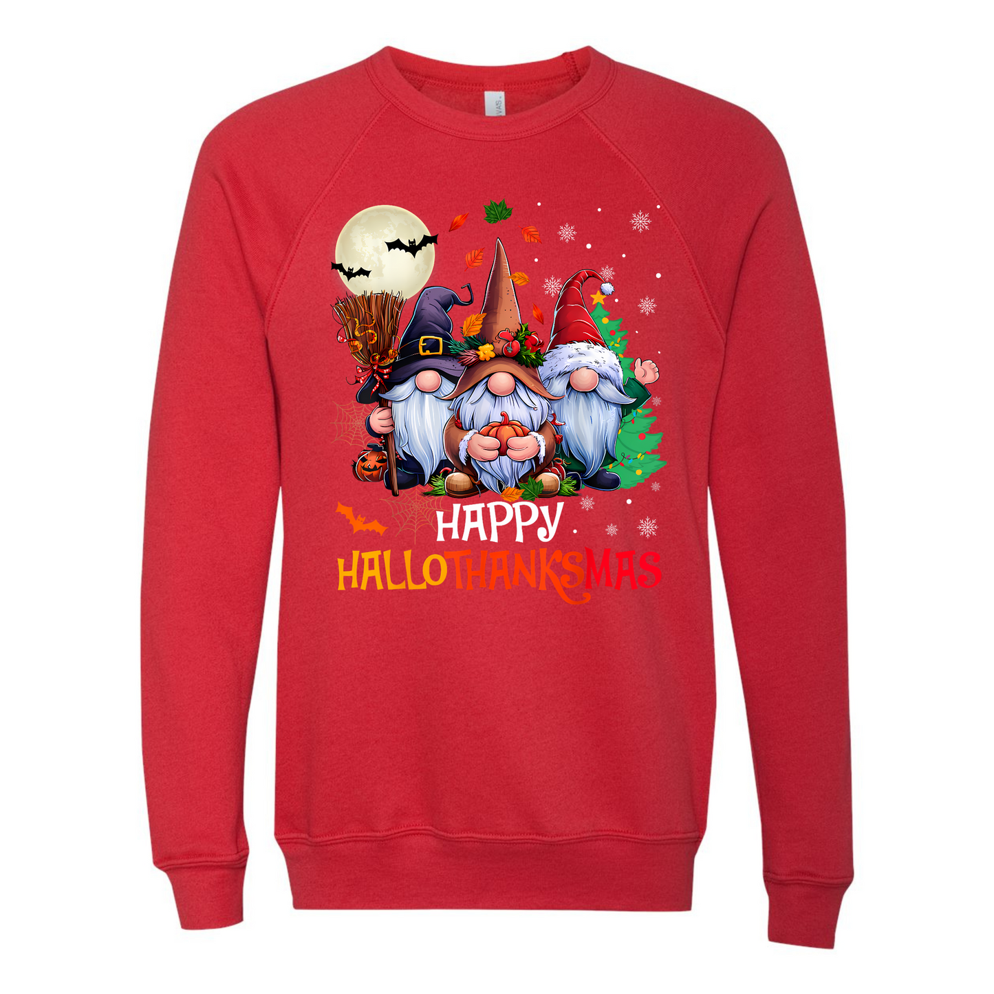 Red sweatshirt with 'Happy Hallothanksmas' design featuring gnomes on a white background