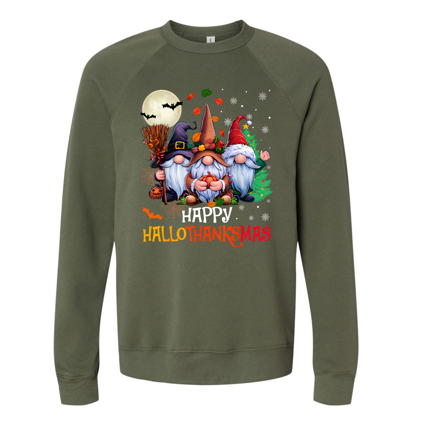 Olive colored sweatshirt with 'Happy Hallothanksmas' design featuring gnomes