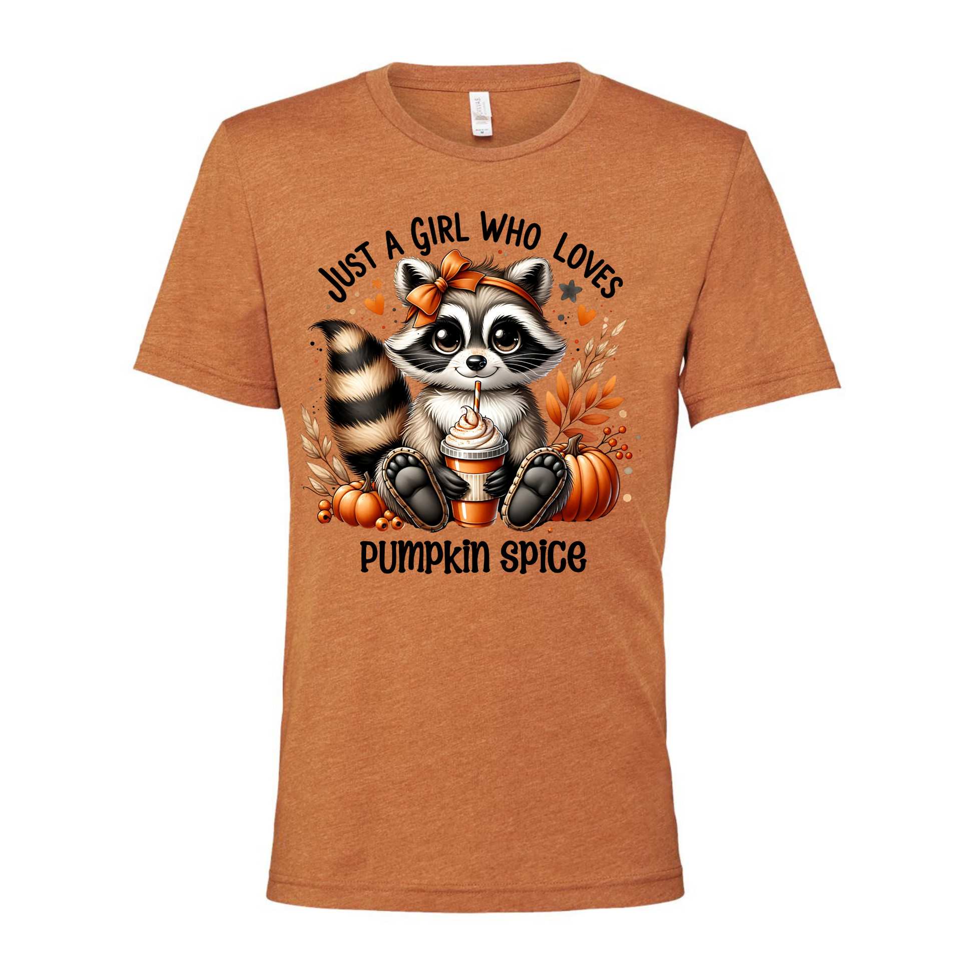 Heather Autumn t-shirt with raccoon graphic and pumpkin spice