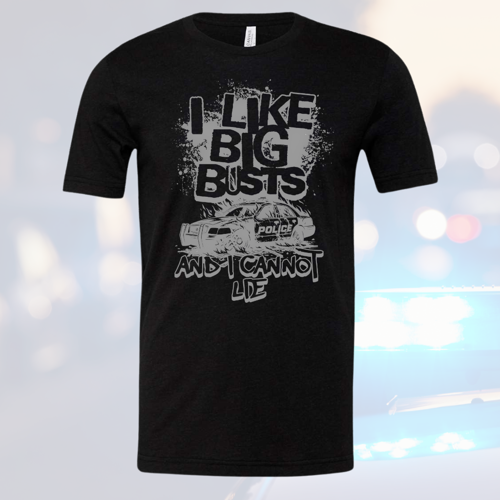 Humorous police tee with "I Like Big Busts" design in black for fun statement.