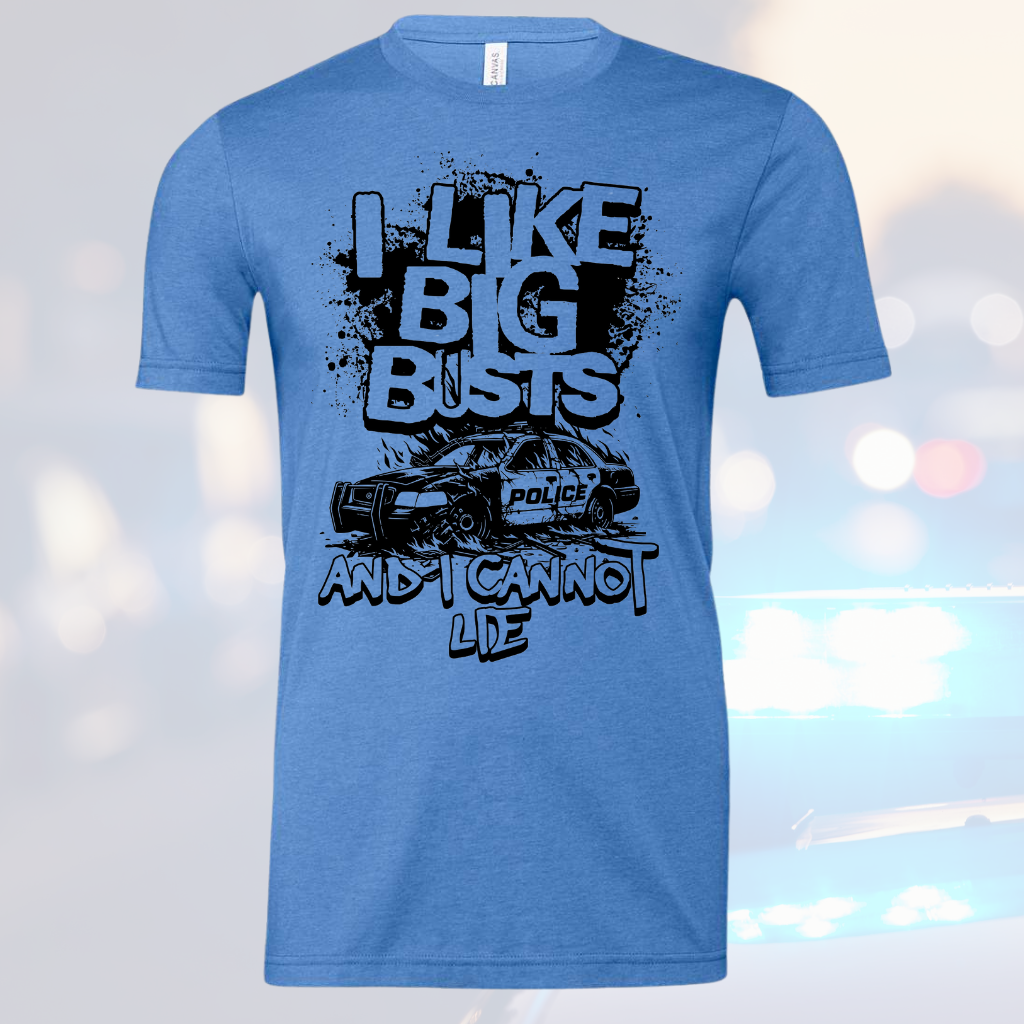 Humorous police tee with "I Like Big Busts" print in blue color.