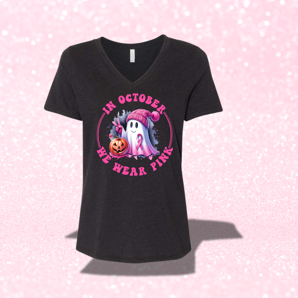 I October We Wear Pink Breast Cancer Awareness Black Vneck Shirt