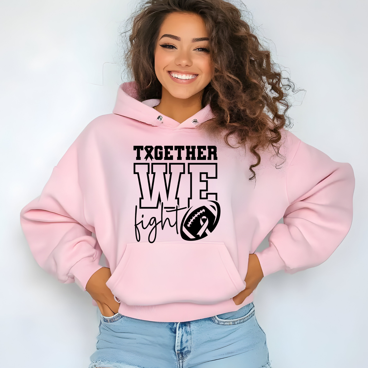 woman wearing pink "In October We Wear Pink Hoodie" with "Together We Fight" text and ribbon design