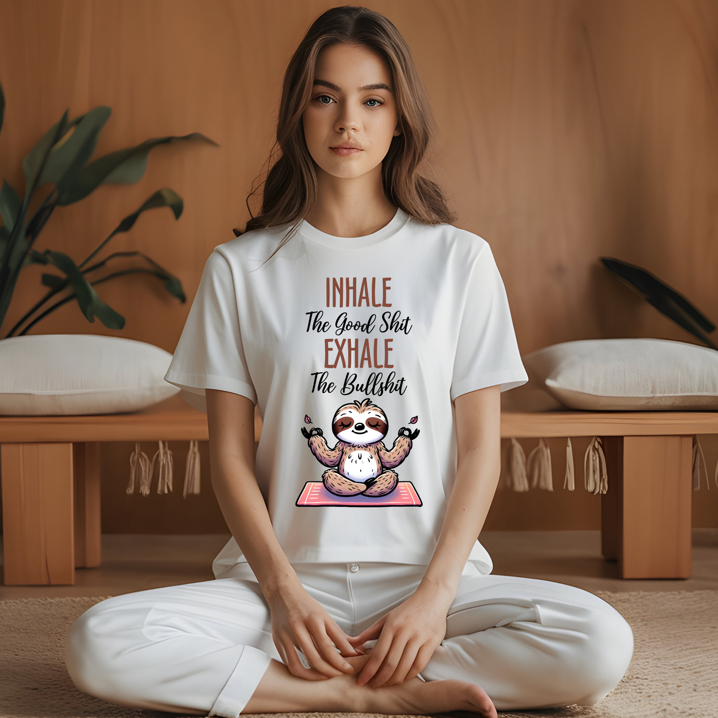 Person wearing a white t-shirt with a humorous design and text, sitting in a meditative pose.