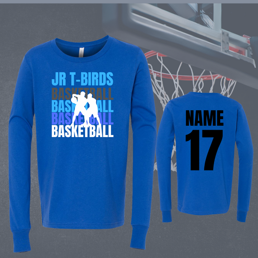 Youth long sleeve tee with basketball graphic and personalized name and number on blue fabric.