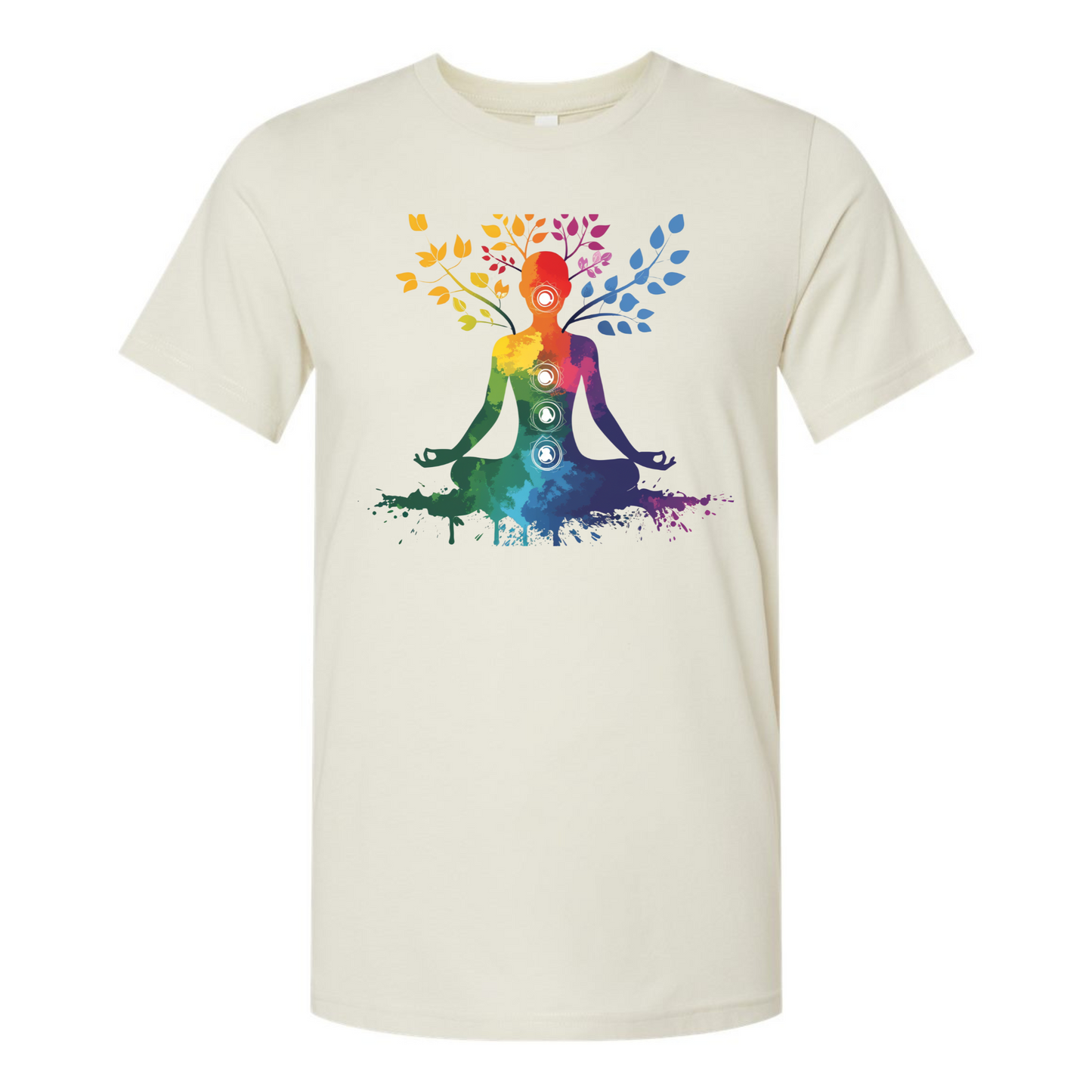 Beige t-shirt with a colorful yoga pose design on a white background