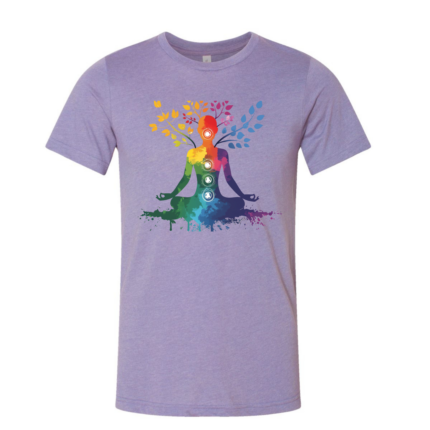 Purple t-shirt with a colorful design of a person meditating and energy chakras 